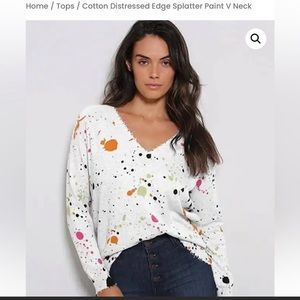 Minnie Roses Distressed edge splatter v neck sweater
